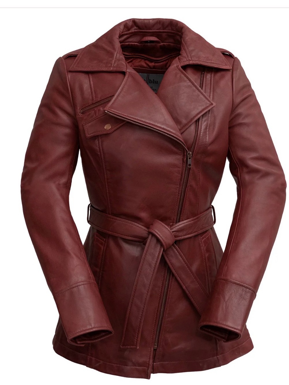 Women's Burgundy Leather Belted Trench Coat Jacket